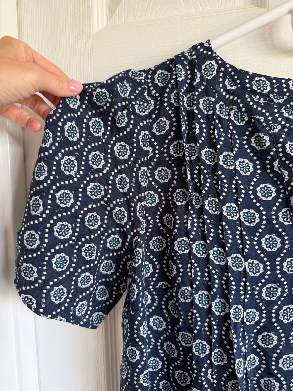 NWT LOFT Navy Printed Short Sleeve Tiered Mini Dress - Picture 4 of 12